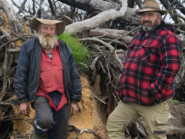 SA Weekend -  Kangaroo Island farmers Sam Mumford (red plaid jacket) and Peter Lock. For a story about KI farmer Sam Mumford's battle with mental health.  Photos: Amy Pysden.,