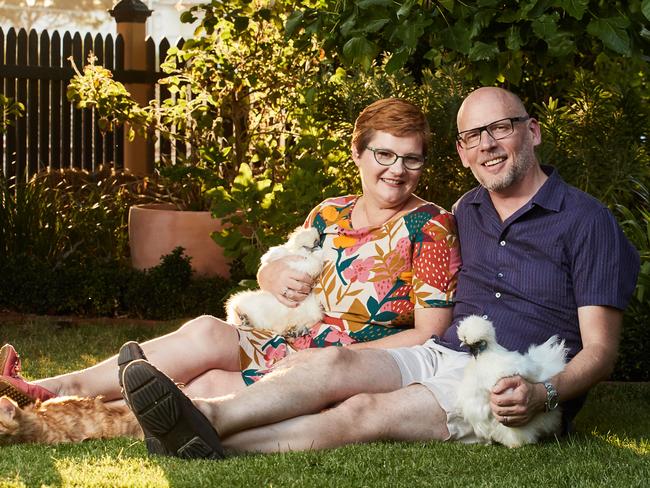 Cheryl Andrews-Cooper and Daniel Cooper pose for a picture with their pets in their garden at their West Croydon home, where their original idea for an English cottage garden morphed into an oasis of water wise Mediterranean plants, Thursday, Feb. 28, 2019. Picture: MATT LOXTON