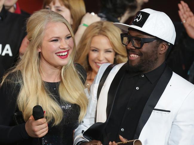 Anja Nissen celebrates with will.i.am after winning <i>The Voice</i>.