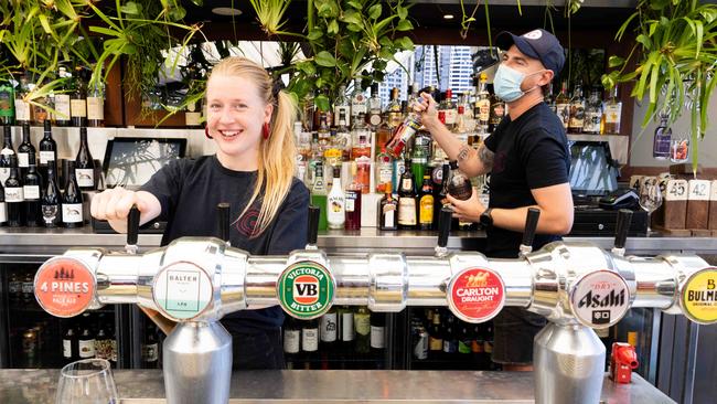 Erika Haudebeault and Andrew McMurray at The Glenmore Hotel in The Rocks in Sydney on Sunday. Picture: Ryan Osland