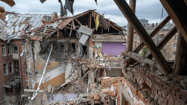 A residential building destroyed by a missile strike in the centre of Kharkiv. Picture: AFP