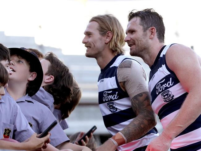 Tom Stewart and Patrick Dangerfield will lead Geelong forward. Picture: Kelly Defina/Getty Images