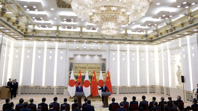 Chinese Premier Li Keqiang gestures as he speaks next to Japanese Prime Minister Shinzo Abe during a joint press conference at the Great Hall of the People in Beijing. Picture: AP