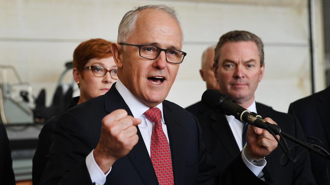 Malcolm Turnbull, with Christopher Pyne and Marise Payne, when they announced the Hunter Class frigates were to be to built at Osborne Naval Shipyard in Adelaide, in 2018. Picture: AAP/Mark Brake