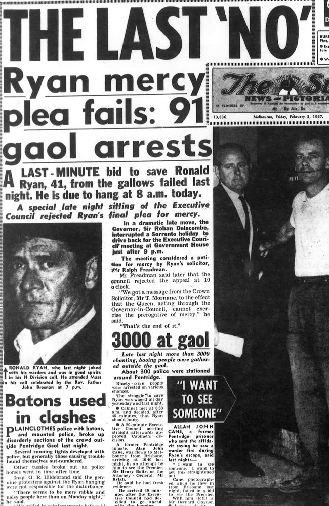 Front page of The Sun newspaper on the morning of Ronald Ryan’s execution.