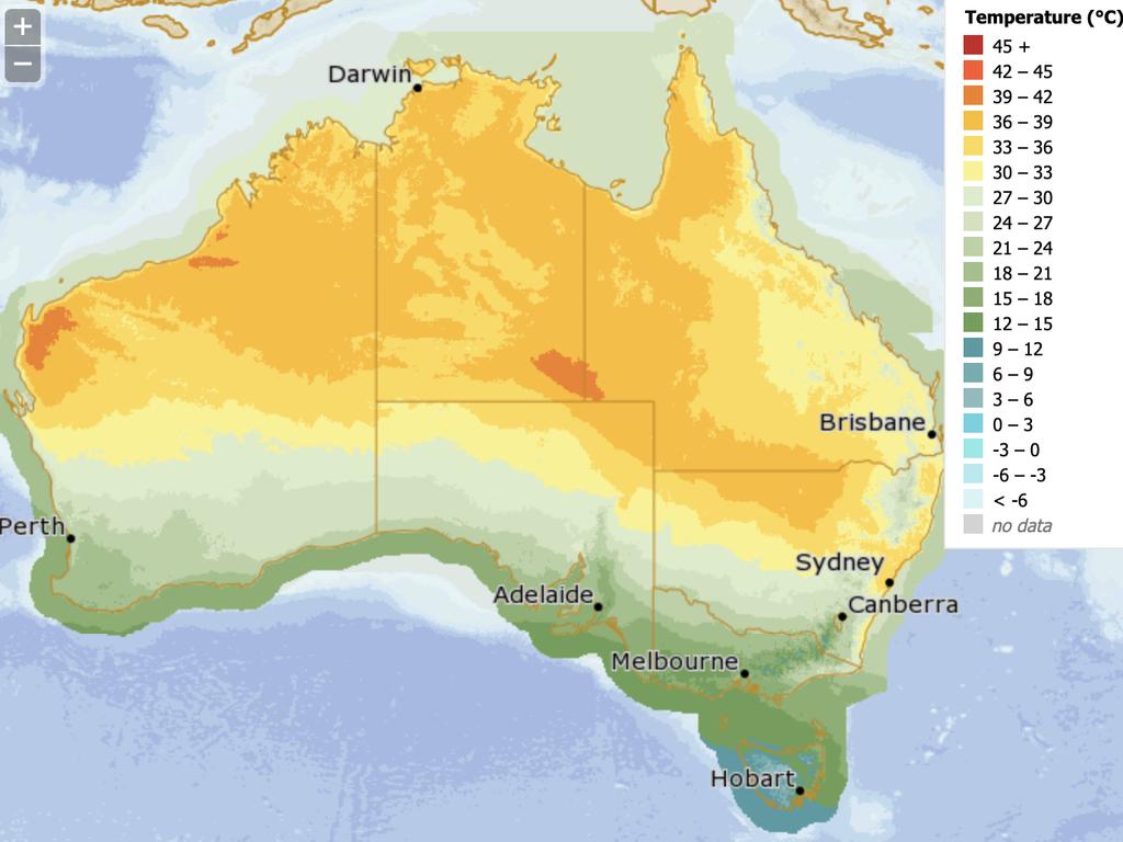 Daily maximum temperatures across Australia on Wednesday. Picture: BOM