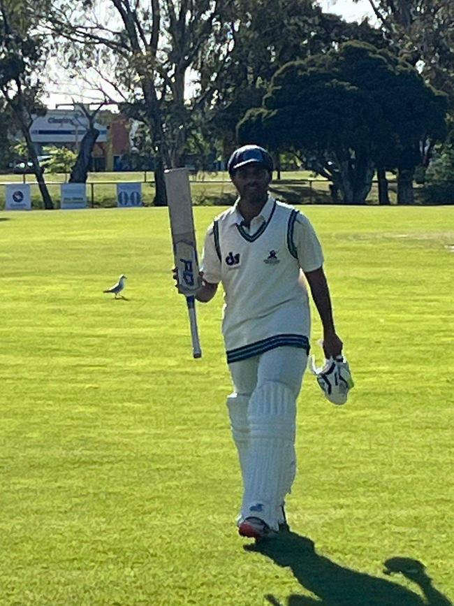 Roshene Silva leaves the field after his 129.