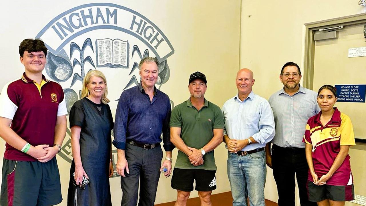 Politicians, Ingham State High School student leaders and principal Rod Flood, in the Ingham gymnasium, which also serves as the Ingham Evacuation Centre. Picture: Cameron Bates