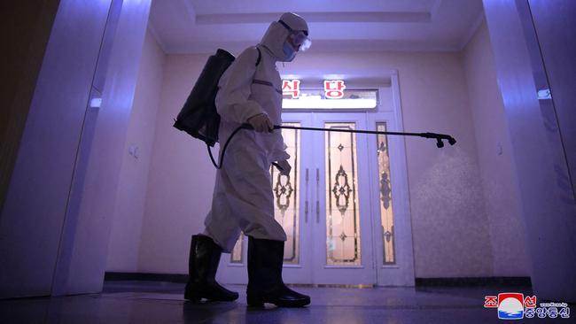 A Pyongyang hotel is disinfected for Covid-19. KCNA via AFP