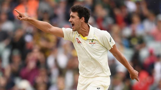 Mitchell Starc celebrates getting the wicket of James Vince during day four of the third Ashes Test at WACA Ground.