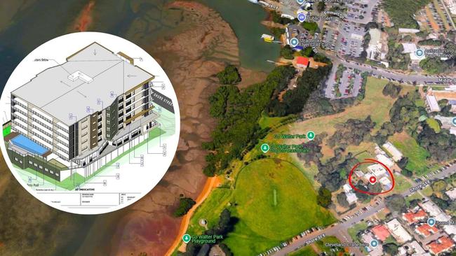 The planned development in the red circle is inside the Toondah Harbour PDA. Shore Street East is used for ferry terminal parking which is in walking distance.