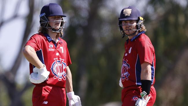 A young 16 year old player Harry De Mattia playing Premier Cricket with Will Pucovski for Melbourne against Hawthorn Kingston. Picture: Alex Coppel.