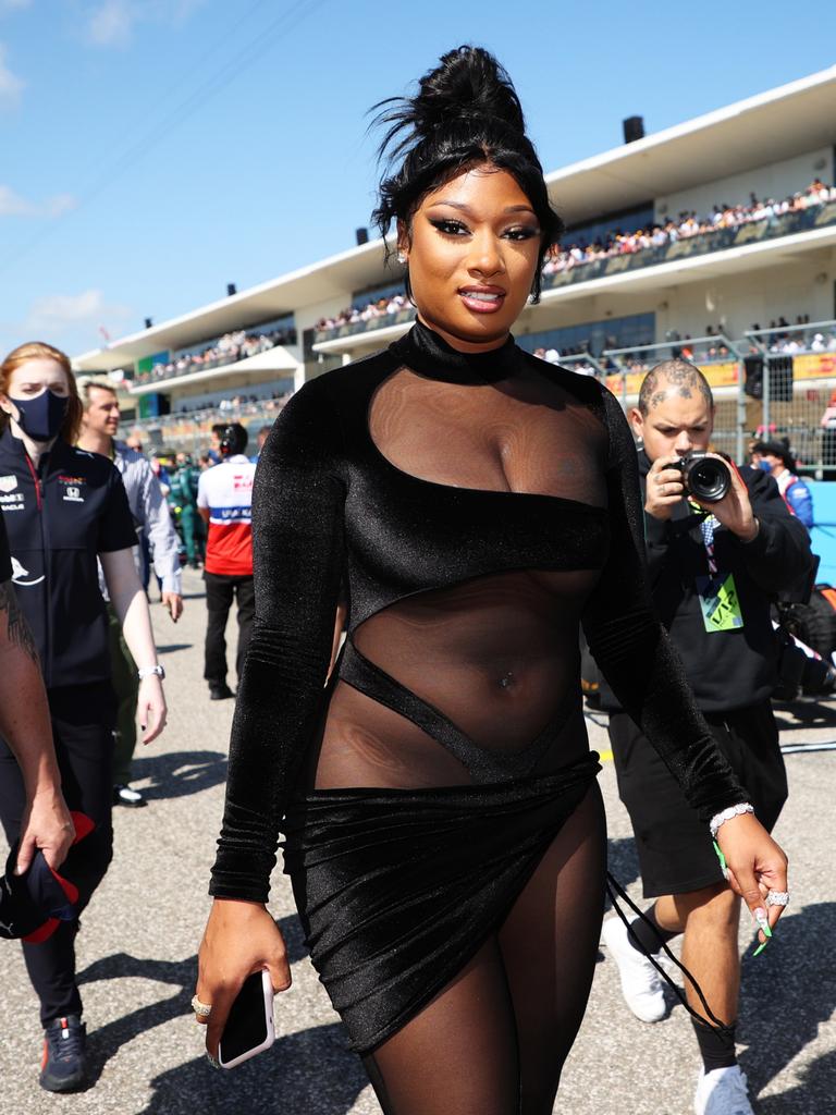 Megan Thee Stallion walks on the grid before the F1 Grand Prix of USA. Photo by Chris Graythen/Getty Images.