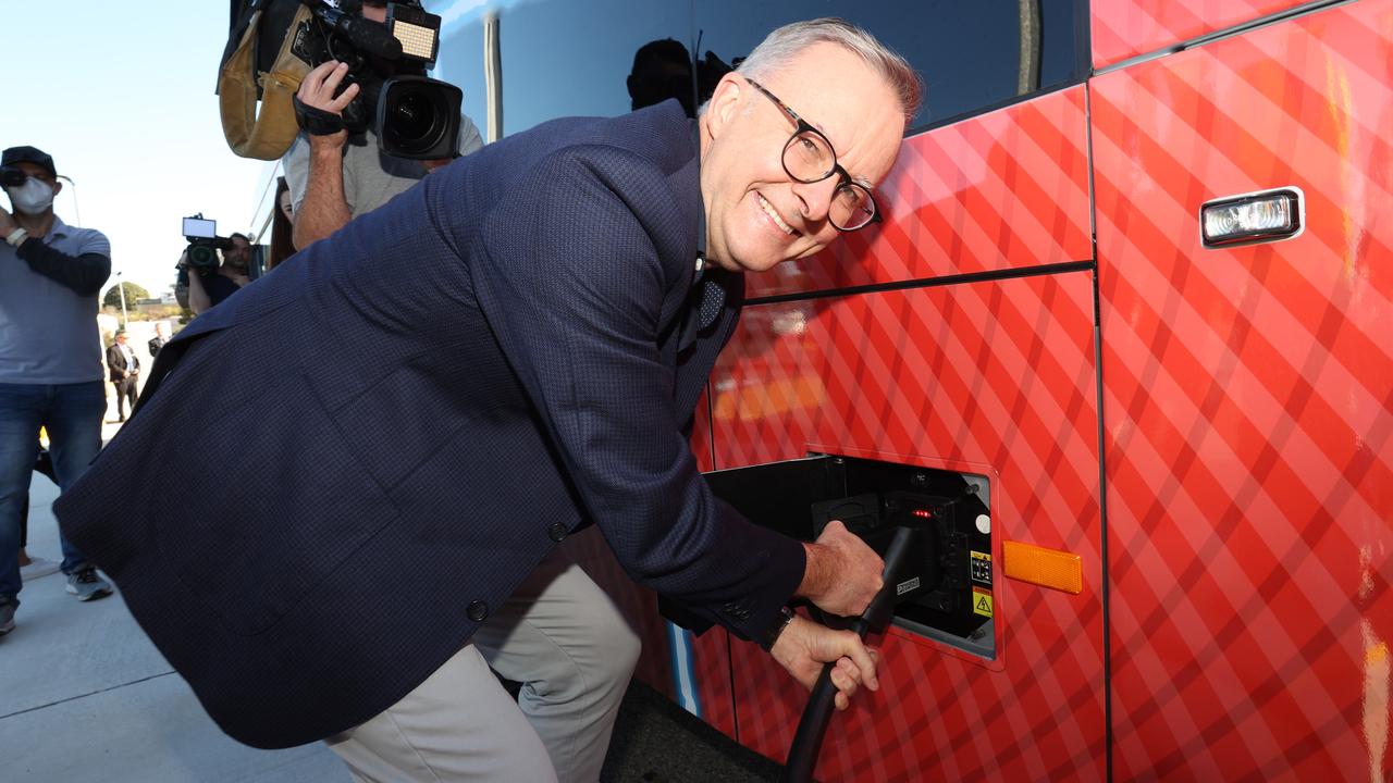 Labor leader Anthony Albanese tours an electric bus depot in the electorate of Moore WA. Picture: Liam Kidston