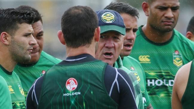 Australian rugby league training at Goschs Paddock. Coach Tim Sheens talks to his troops. Pic: Michael Klein