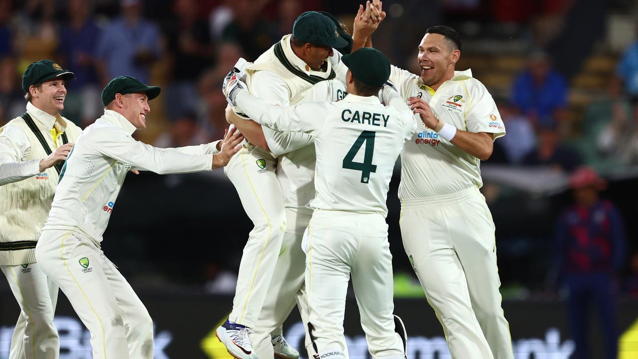 Cameron Green and Scott Boland rejoice after the wicket of Blackwood when he was caught in the gully. Picture: Chris Hyde/Getty Images