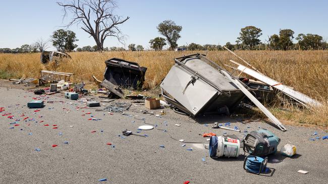 Wreckage from the ute and trailer on the corner of Pine Lodge North Rd and Cosgrove-Lemnos Rd near Shepparton on January 4. Picture: Ian Currie