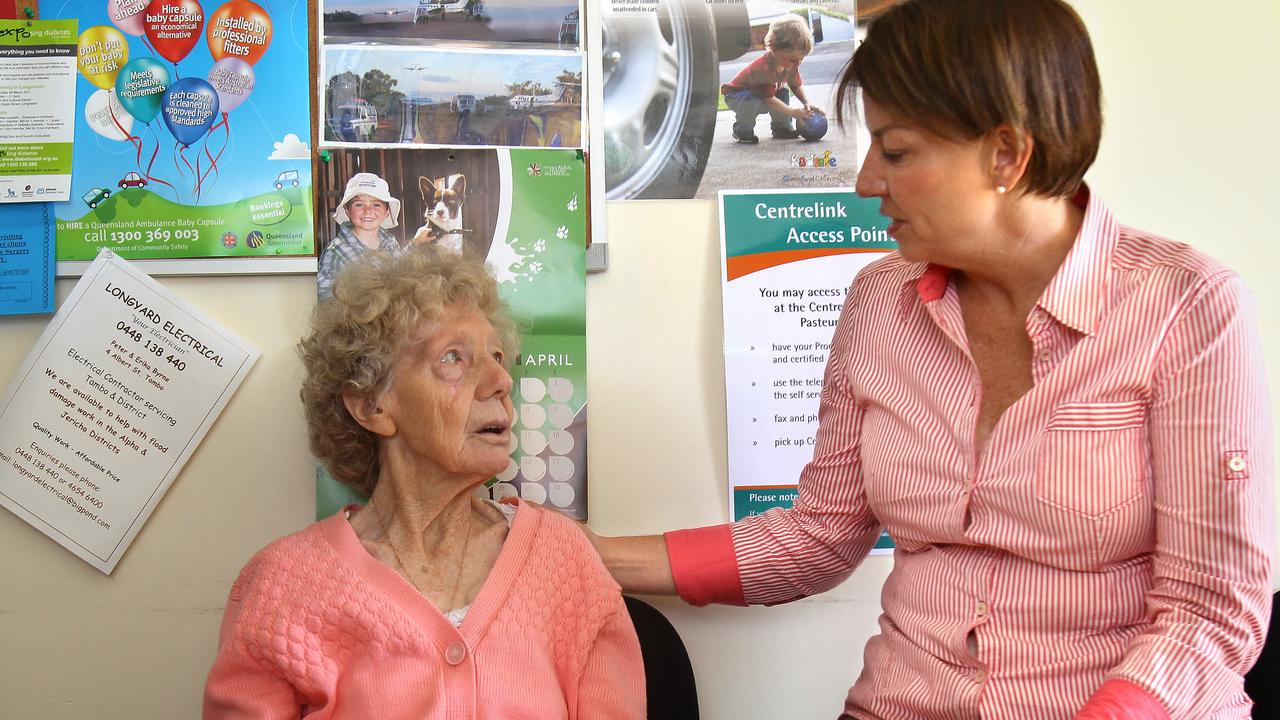 Then premier Anna Bligh stops to chat with Rose Wells at the Jericho Bush Nursing Centre during the floods. Picture: David Kapernick