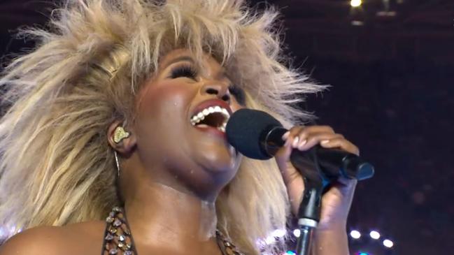 Ruva Ngwenya as Tina Turner during the pre-game show at the NRL grand final. Picture: Nine