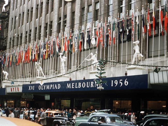 Myer in Bourke Street was decorated for the Olympics. It was also the first year it decorated its windows for Christmas. Picture: Albert Fowler