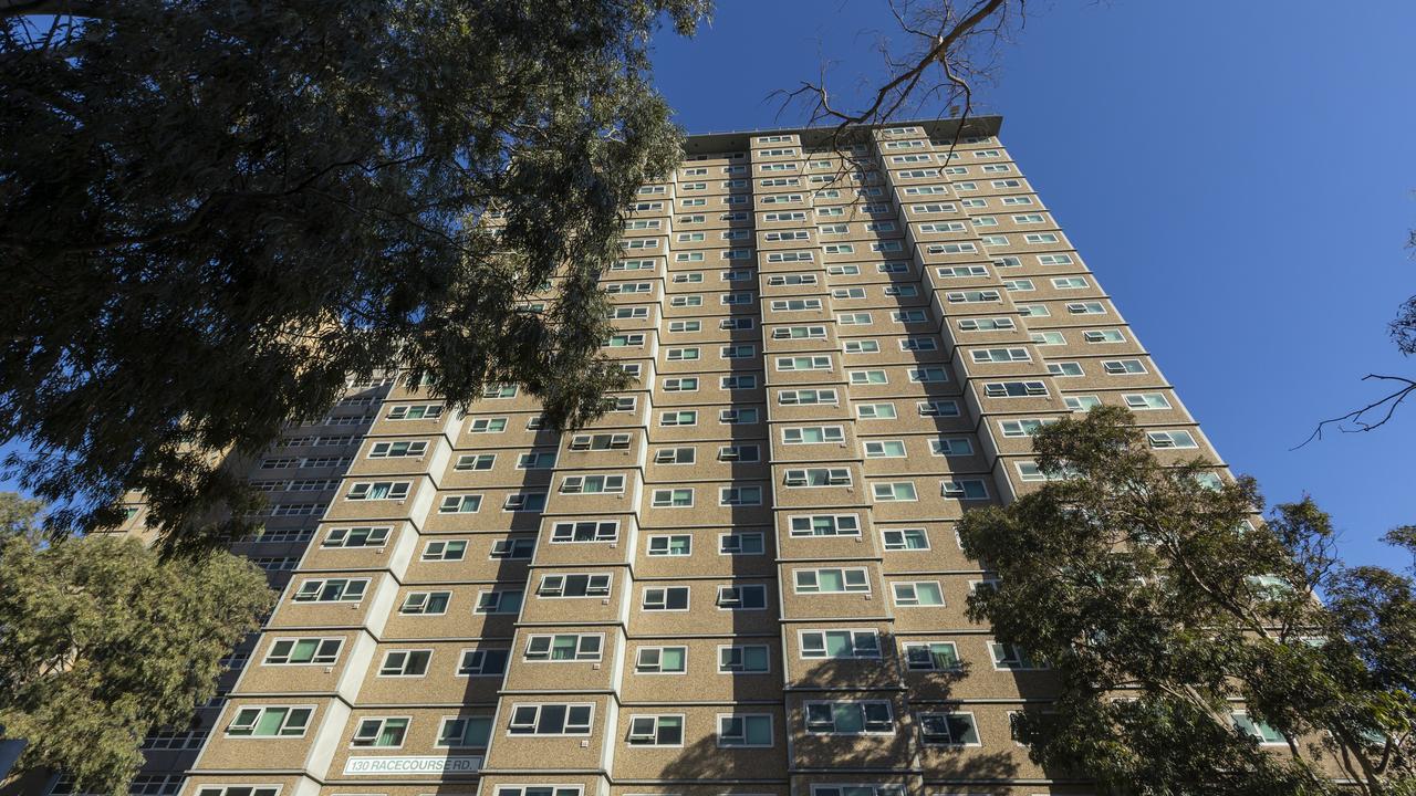 The public housing tower in Flemington where there have been multiple cases of the Delta strain. Picture: NCA NewsWire / David Geraghty