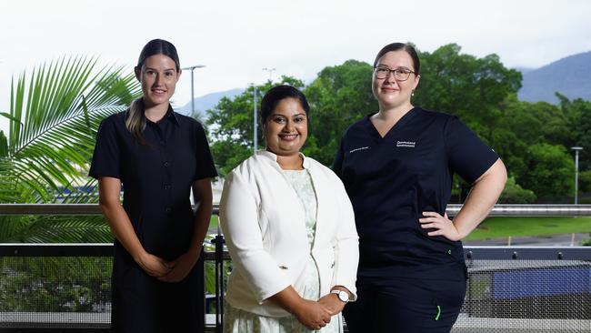 102 graduating nurses and seven midwives have begun two 6 month rotations at the Cairns Hospital and other regional health services. Nursing Director of the Nursing and Midwifery Education Research Unit Jaya Thomas speaks with erolled nurse Analiese Beauvois and registered nurse Stephanie Taney on the first day of the program. Picture: Brendan Radke