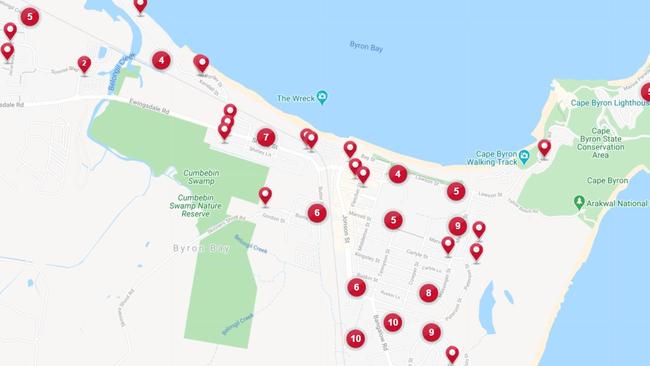 A map of recent sales in Byron Bay.