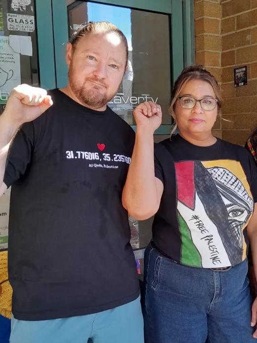 Josh Lees protesting outside Anthony Albanese's electoral office with Greens senator Mehreen Faruqi.