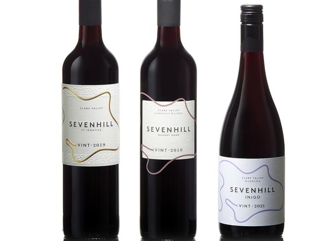 L-R: 2019 Sevenhill Cellars St Ignatius, 2019 Sevenhill Cellars Quarry Road Clare Valley Cabernet Malbec, 2021 Sevenhill Cellars Inigo Clare Valley Barbera.