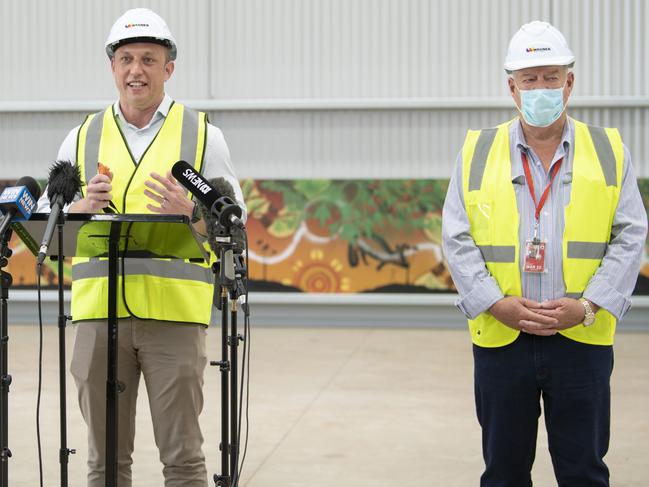 Deputy Premier Steven Miles visits the quarantine hub at Wellcamp Airport with Wagner Corporation Chairman John Wagner in December. Picture: Nev Madsen