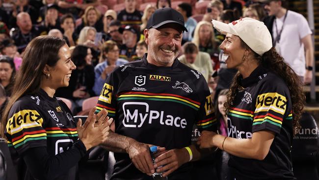 Noemie and Jess Fox with their father, Richard, at BlueBet Stadium on Friday night. Picture: Matt King/Getty Images