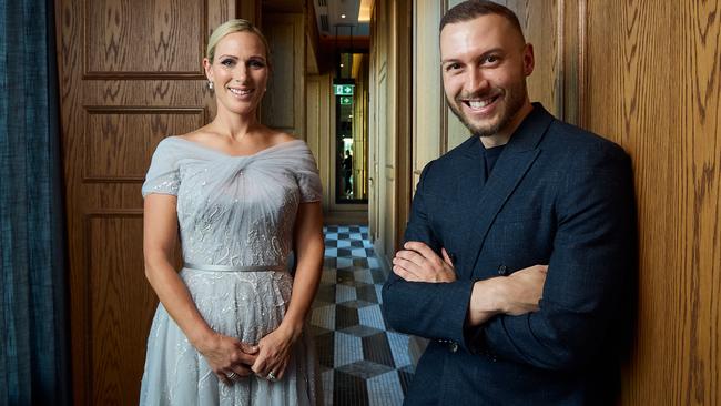 Zara Tindall wearing Paolo Sebastian, with Adelaide designer Paul Vasileff on December 2. Picture: Matt Loxton