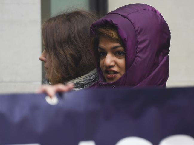 Singer M.I.A joins demonstrators outside Westminster Magistrates Court in support of Assange. Picture: AP