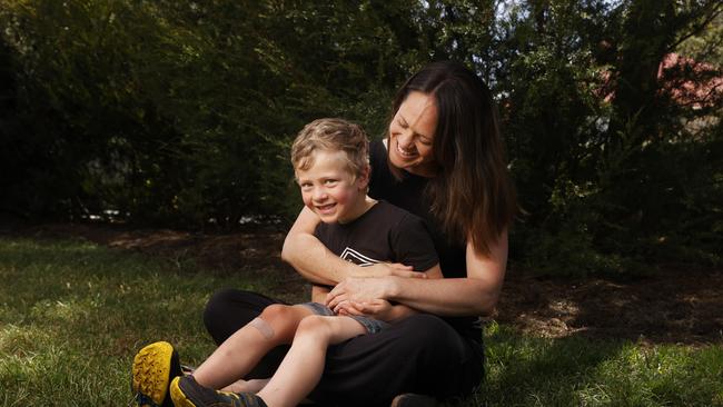 Rebekah McWhirter with son Oscar Marthick 5. Rebekah spent time as an inpatient at the mother and baby unit at St Helens Private Hospital in Hobart that has now closed with Oscar when he was a baby. Picture: Nikki Davis-Jones