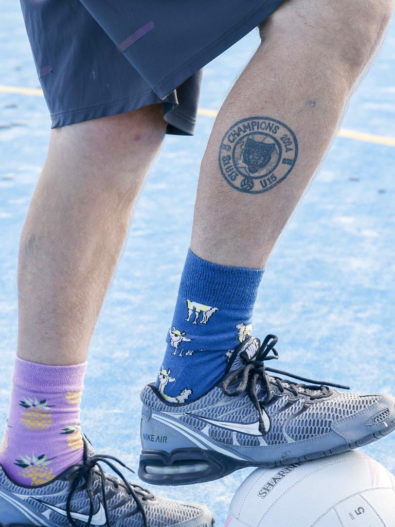 Mr Baks got a tattoo of the Panthers logo on his leg after two of the squads won grand finals in 2024. Picture: Tim Carrafa