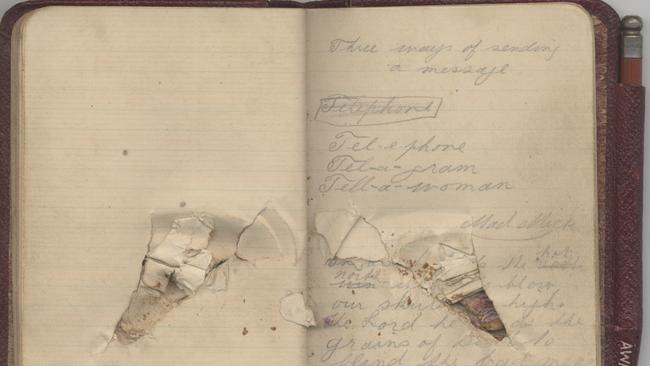 The bullet damaged notebook of Soldier John Croft. Picture: Australian War Memorial