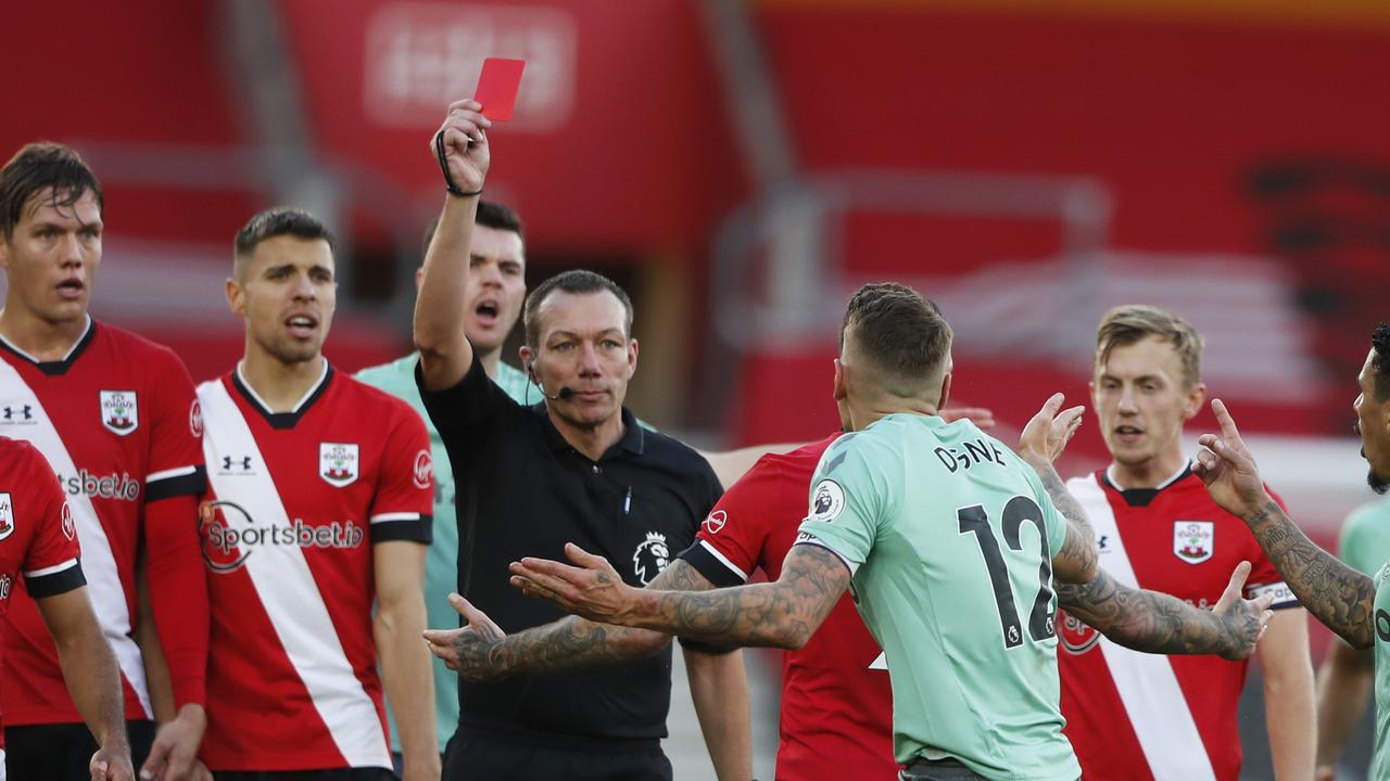 Lucas Digne of Everton is shown a controversial red card.