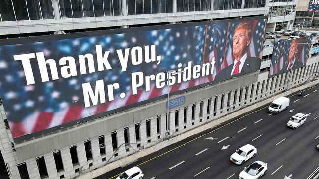 A billboard thanking Donald Trump on the facade of a hotel building in Tel Aviv. Picture: AFP.