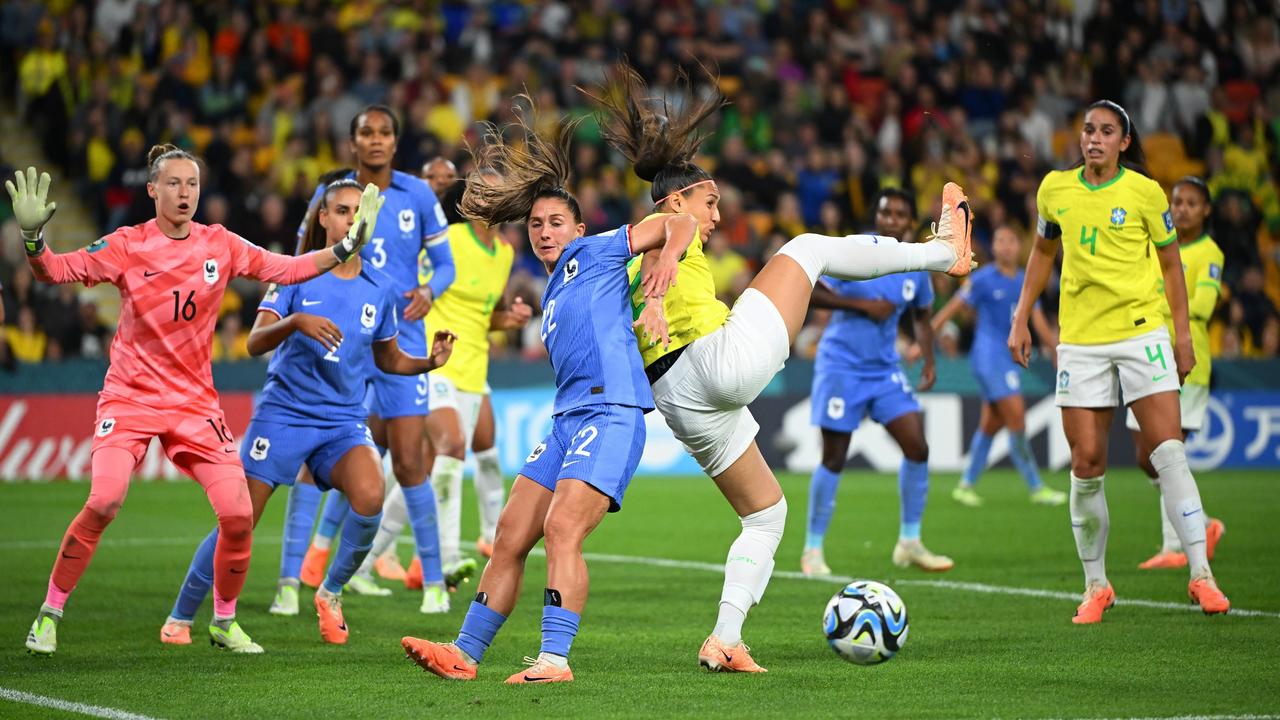Dancing the Samba: Bia Zaneratto of Brazil and Eve Perisset of France compete for the ball in Brisbane. Picture: Matt Roberts/Getty Images