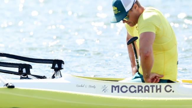 PARIS, FRANCE - SEPTEMBER 08: Peter Cowan of Team New Zealand gives a thumbs up to Curtis McGrath of Team Australia following the Men's Va'a Single 200m VL3 Final on day eleven of the Paris 2024 Summer Paralympic Games at Vaires-Sur-Marne Nautical Stadium on September 08, 2024 in Paris, France. (Photo by Fiona Goodall/Getty Images for PNZ)