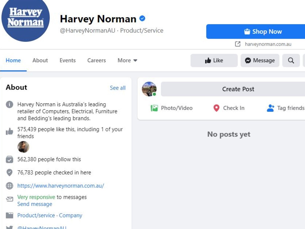 Even commercial sites like Harvey Norman have gone blank. Picture: Facebook