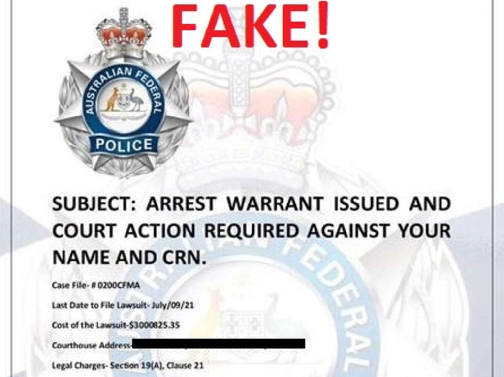This fake arrest warrant has been distributed to vulnerable Australians. Picture: Australian Federal Police