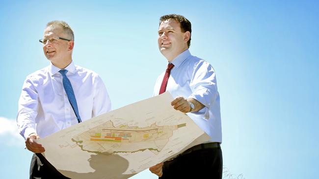 Pictured is Federal Urban Infrastructure Minister Paul Fletcher with new Western Sydney Minister Stuart Ayres at the site of the future Badgerys Creek airport. Picture: Richard Dobson