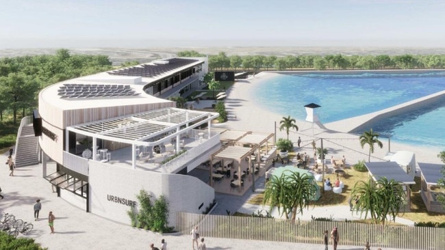 A concept photo of the wave pool’s rooftop bar, cabana lounge and beach club.