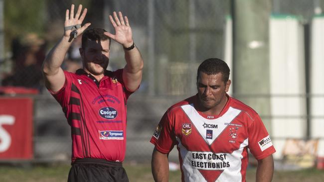 Grant Brown is sent to the sin bin for ten minutes in the Rebels vs Ghosts game at McKittrick Park.