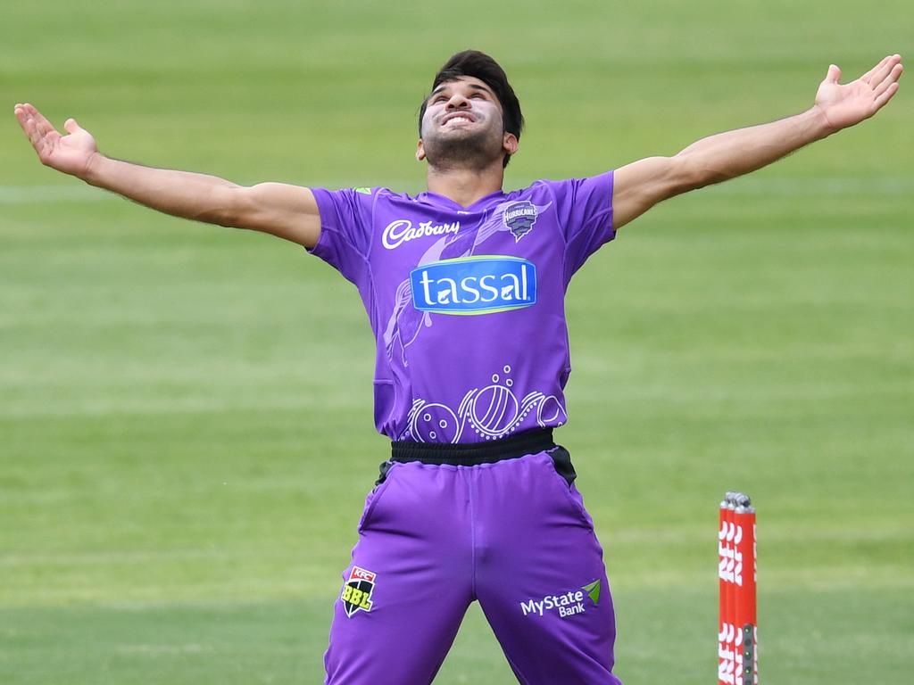 Qais Ahmad of the Hurricanes reacts after the dismissal of Moises Henriques of the Sydney Sixers...his flip was something else!