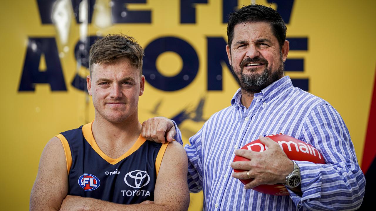 James Rowe, and dad Stephen after the 2020 draft. Picture: Mike Burton