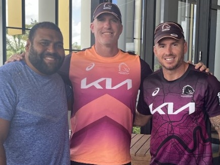 Scott Minto (centre) reliving the good old days with former Brisbane Broncos' teammates Sam Thaiday and Darius Boyd, who is now the club's assistant coach.