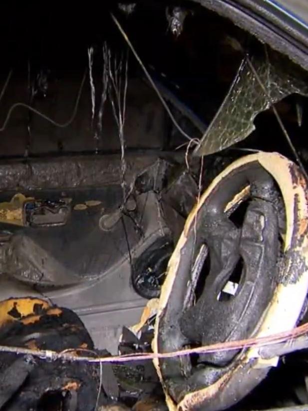 The burnt ute after the bizarre night for East Brisbane resident. Photo: 9 News