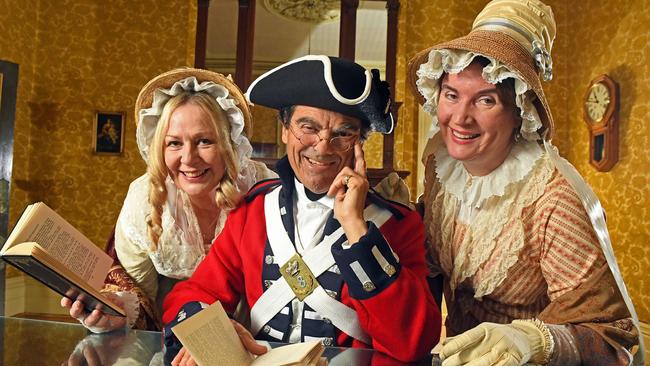 Jayne Kader, Linda Russo and Richard Oldham from the Victoriana Society of SA, dressed in period clothes to celebrate the 200th anniversary of Jane Austen's death. Picture: Tom Huntley